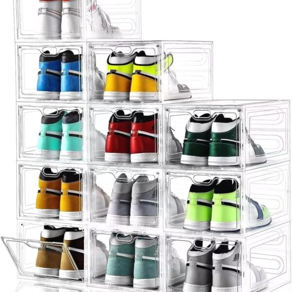 12-Pack Large Clear Stackable Shoe Organiser, Magnetic Door