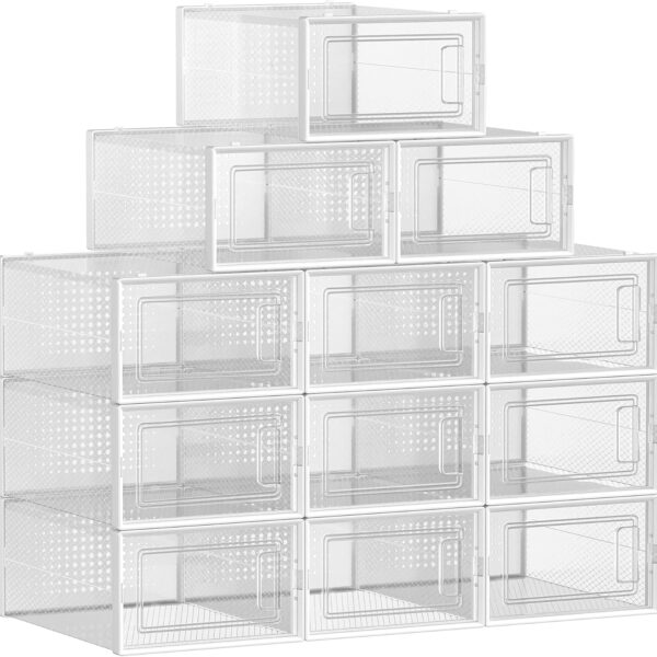 12-Pack Transparent White Stackable Foldable Shoe Storage Organisers